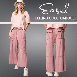 EASEL “Feeling Good Cargos” Mineral Washed Flared Leg, Raw Seams & Hems, Pockets